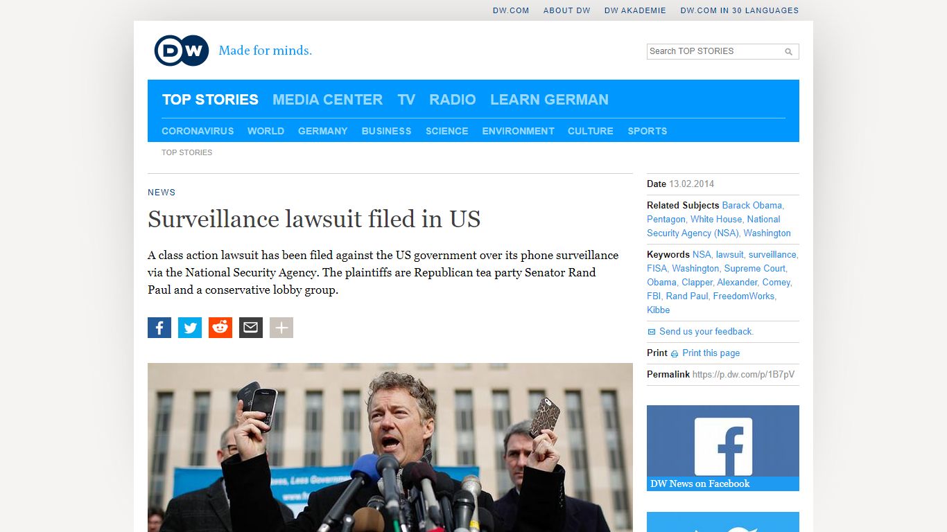 Surveillance lawsuit filed in US | News | DW | 13.02.2014