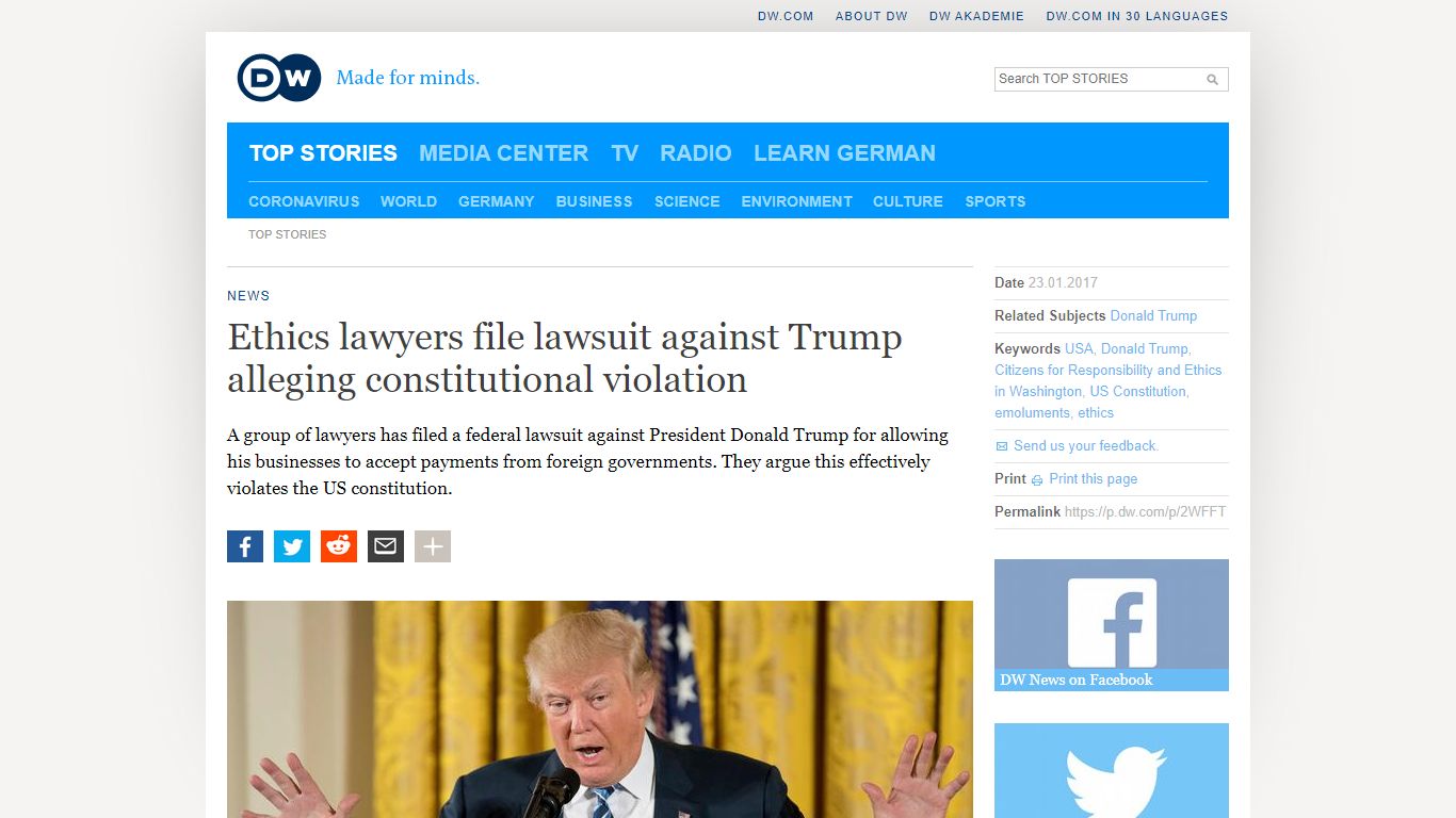 Ethics lawyers file lawsuit against Trump alleging constitutional ... - DW